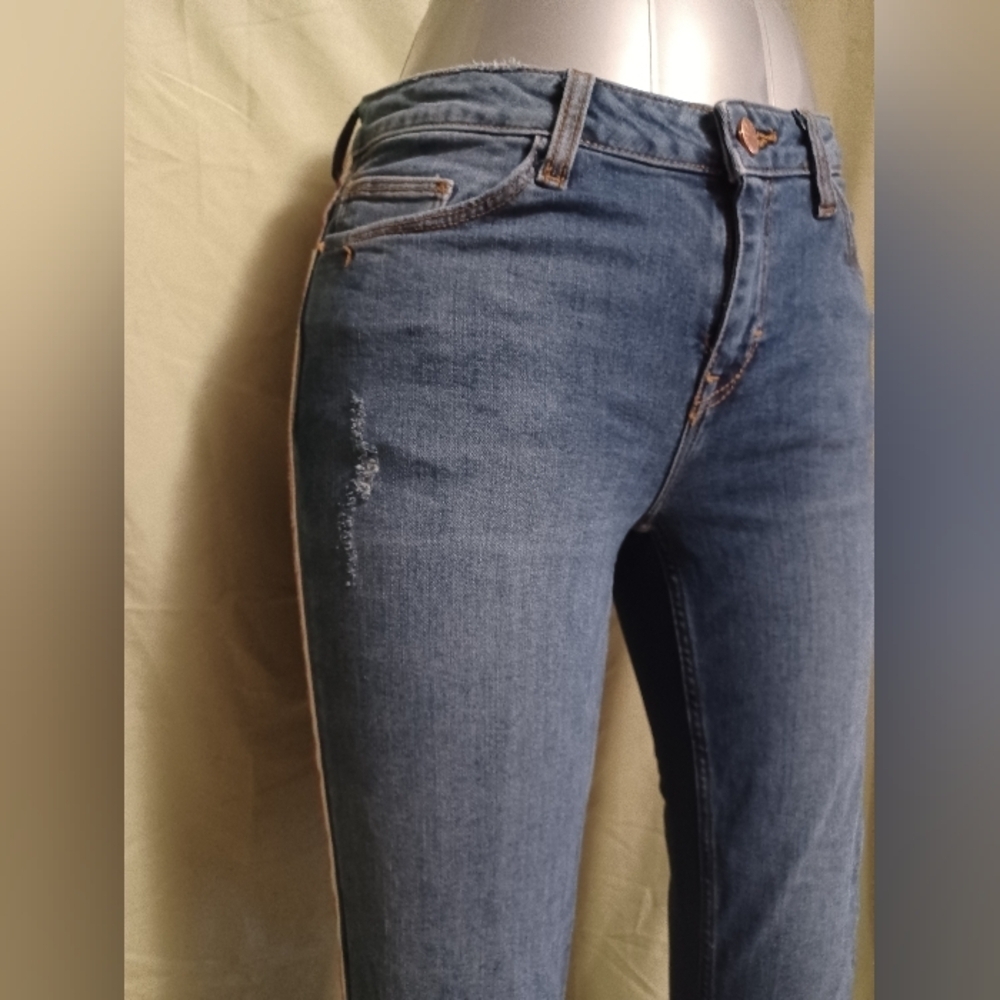 Zara Basic Denim Dept. Blue Skinny Jeans with Red and White Stripe - Picture 5 of 13